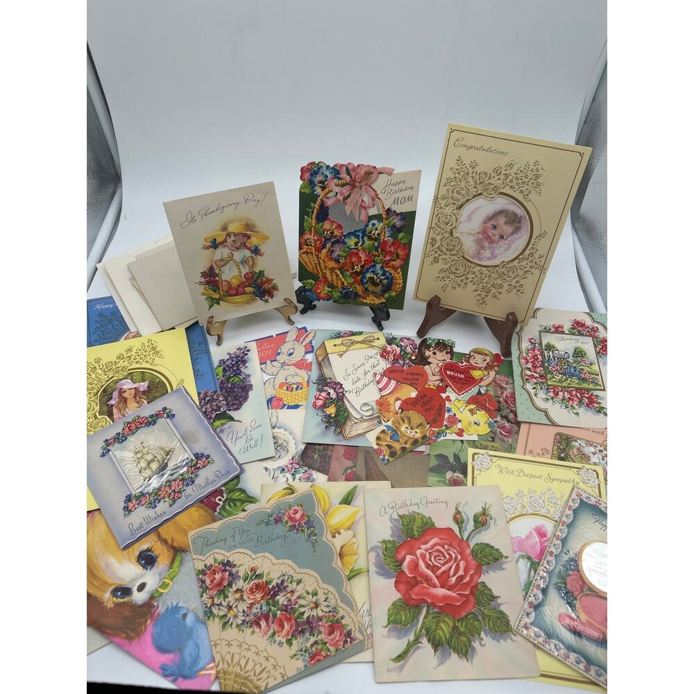 Vintage Greeting Card Lot 31 Mid Century USA Floral Ephemera Junk Journal